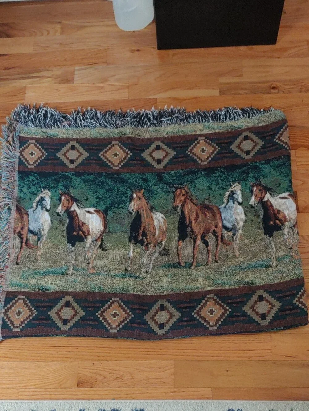 Vintage 90s Horse Tapestry Blanket C Cummings Western Fringe Throw